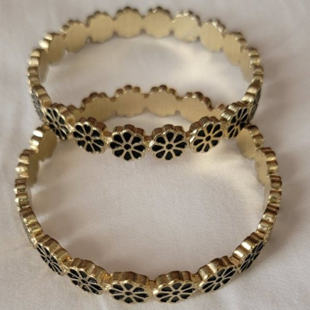 Vintage Gold Tone And Black Flower Bracelets / Bangles (Set of 2)